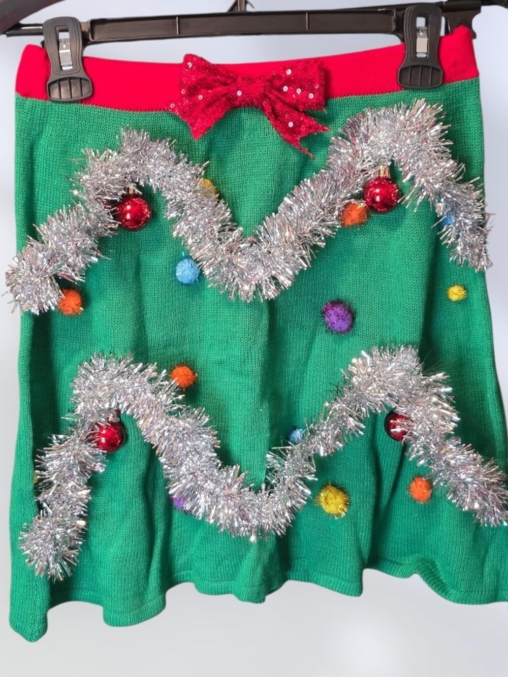 Festive Green Mini Skirt with Red Waistband and Bow